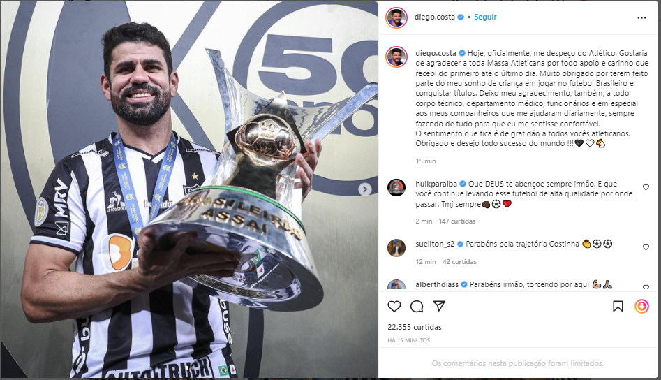 Desacordo com Besiktas aproxima atacante Diego Costa do Atlético -  Superesportes