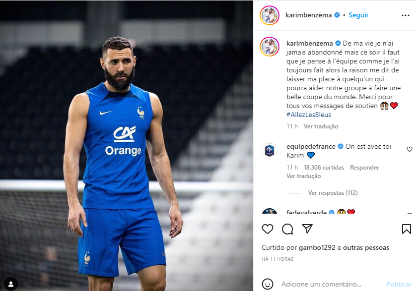 Benzema Instagram Post sobre saída da Copa