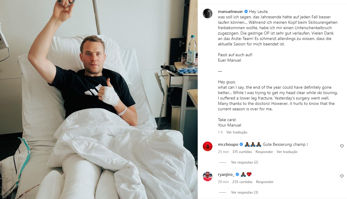 Goleiro Neuer quebra perna esquiando após eliminação da Alemanha na Copa do Qatar. Post no hospital 