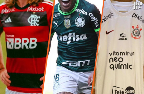 Fotos: Arte Jogada10 - Legenda: Camisas de Flamengo, Palmeiras e Corinthians da temporada de 2023