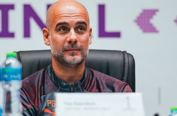 Foto: Divulgação/Manchester City - Legenda: Pep Guardiola durante a coletiva que antecede a final do Mundial de Clubes 