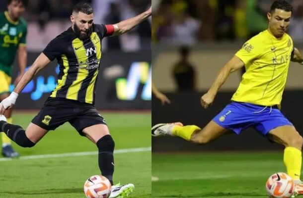 Foto: Divulgação / Al Ittihad e Divulgação / Al Nassr - Legenda: Ex-companheiros de Real Madrid, Benzema e Cristiano Ronaldo vão se enfrentar nesta terça-feira