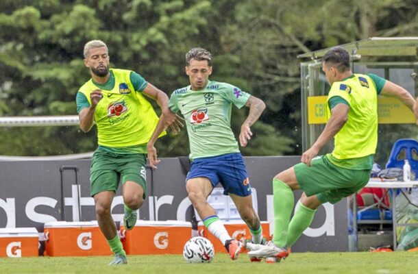  Foto:  Joilson Marconne/CBF - Legenda: Bruno Gomes fez um dos gols da Seleção pré-olímpica  no jogo-treino deste domingo na Granja Comary